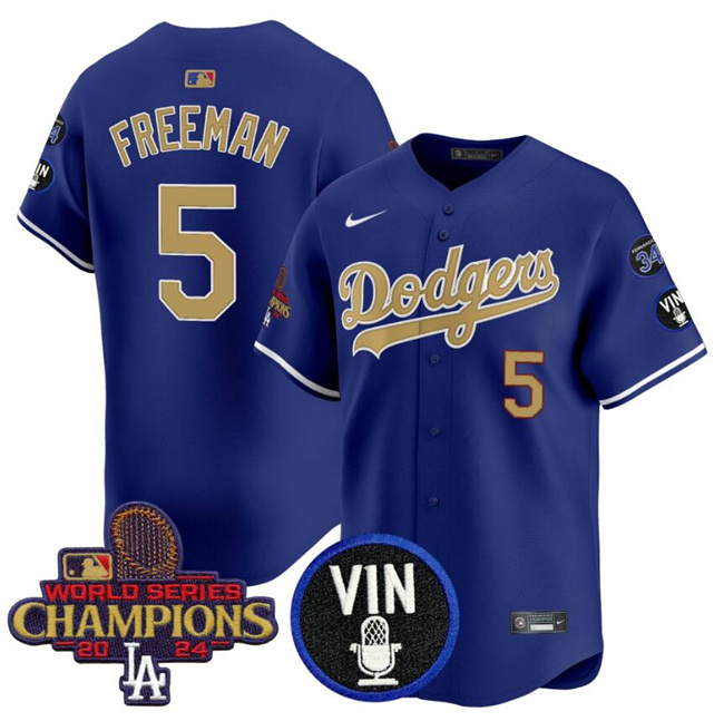 Men's Los Angeles Dodgers #5 Freddie Freeman Royal/Gold 2024 World Series Champions With Vin Scully & #34 Fernando Patch Vapor Limited Stitched Baseball Jersey Men's Los Angeles Dodgers #5 Freddie Freeman Royal/Gold 2024 World Series Champions With Vin Scully & #34 Fernando Patch Vapor Limited Stitched Baseball Jersey